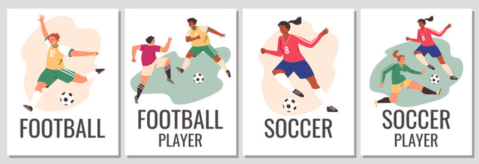 Soccer and football players posters set, flat vector illustration.