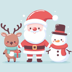 Trendy Christmas Trio: Santa, deer, snowman. Great for postcards and backgrounds. Effortless chic decor with Santa as the centerpiece.