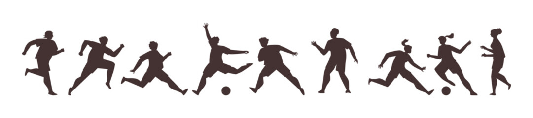 Fototapeta na wymiar Set of dark silhouettes of soccer players flat style, vector illustration