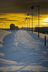 Yellow sunset illuminating the bright white snow on the ground, Ludvika municipality Sweden