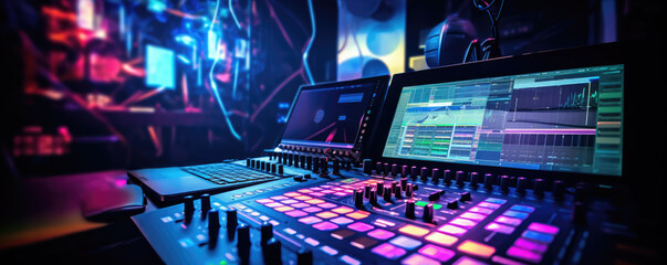 Modern studio control desk. Recording or sound DJ proffesional system. sound equipment for concert.