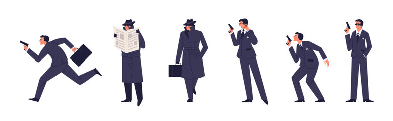 Vector illustrations set of haunts, security, wiretapping, pursuit missions special secret agent armed with pistol - obrazy, fototapety, plakaty