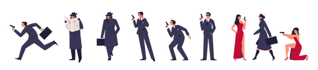 Set of men and women secret agents in different poses flat style - obrazy, fototapety, plakaty