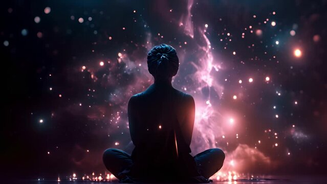 meditation dark blue,purple sparkling background with stars in the sky and blurry lights, illustration. Abstract, Universe, Galaxies, yoga. Male silhouette. Lotus pose meditation in the cosmic energy 
