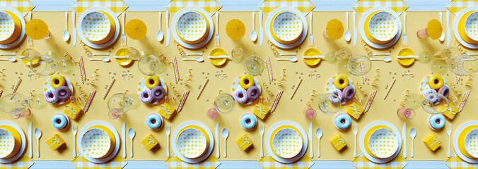 Joyous Celebration Table with Bright Yellow Decor, Donuts, and Party Favors
