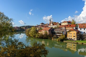 Naklejka na ściany i meble Beautiful townscape of Novo mesto on Krka river in Slovenia