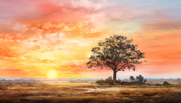 Beautiful Digital painting of Natural Landscape Sahara desert at Sunset
