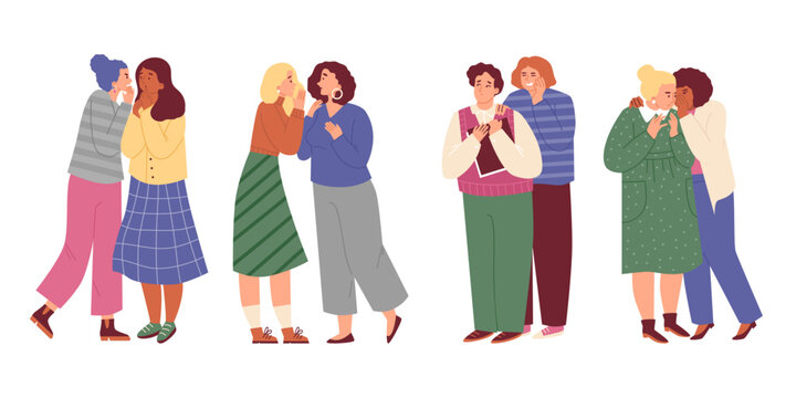 People conversation, gossip, couples of men and women telling, whispering secrets cover mouth vector illustrations set