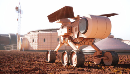 Autonomous Mars Rover Surveying Rocky Red Martian Landscape