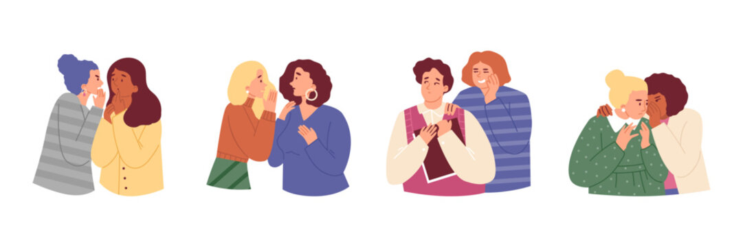 Set of diverse people whispering in ear and spreading rumors, flat vector illustration isolated on white background.
