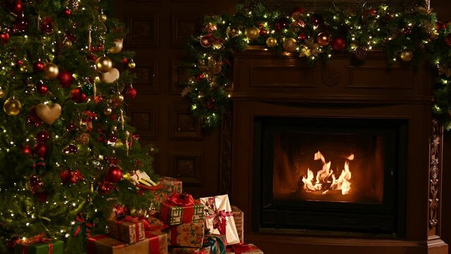 Atmospheric living room decorated for Christmas. Christmas tree with gifts and fireplace in the living room. High quality 4k footage