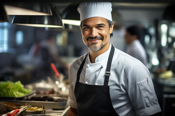 Man cook at work. Man chef in a professional kitchen. Food service. Restaurant. AI.
