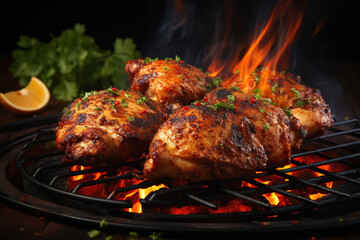 Obraz na płótnie Canvas Seasoned juicy chicken drumsticks grilled on barbecue. Generative AI