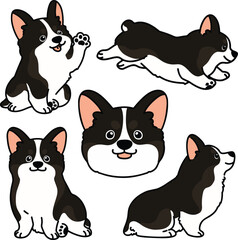 Adorable outlined black colored Corgi illustrations set