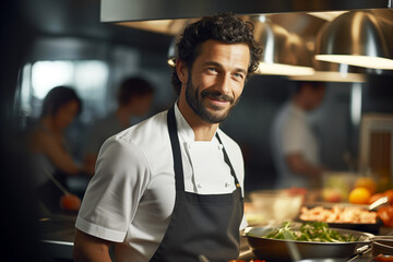 Man cook at work. Man chef in a professional kitchen. Food service. Restaurant. AI.