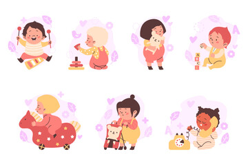 Babies set play toys and educational games flat vector illustration isolated.