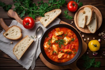 Top view of fish stew tomato bowl. Gastronomy delight red sauce with dried bread. Generate ai - obrazy, fototapety, plakaty