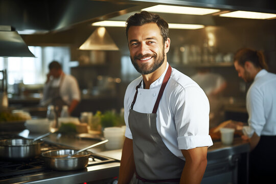 Man cook at work. Man chef in a professional kitchen. Food service. Restaurant. AI.