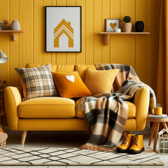 Yellow loveseat sofa with plaid and pillows.home interior design modern living room Generative ai