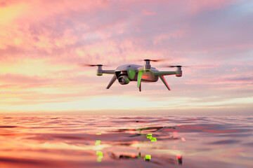 Scenic Sunset Aerial View: Drone Gliding Over Tranquil Waters at Dusk