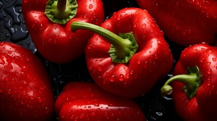 AI-generated illustration of red bell peppers with water droplets glistening on them - obrazy, fototapety, plakaty
