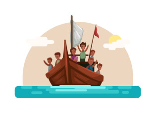 Refugee Ship Sailing On The Sea Cartoon illustration Vector