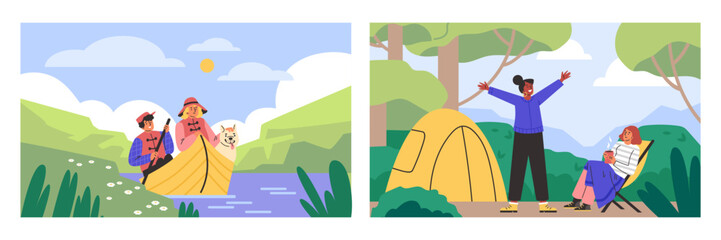 Travel in nature and ecotourism concepts set flat vector illustration isolated.