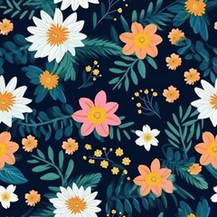 AI generated illustration of a vibrant abstract flower pattern featuring green leaves