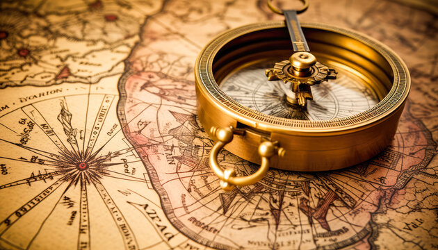 Old Vintage compass sitting on a brown onld map, golden compass vintage image