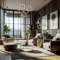 Scandinavian home interior design of modern living room with Rustic sofa, pillows. Generative ai