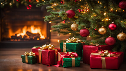 Fototapeta na wymiar Beautiful Christmas tree with gifts, by the fireplace. Generative AI, Generative, AI