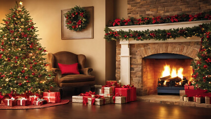 Beautiful Christmas tree with gifts, by the fireplace. Generative AI, Generative, AI