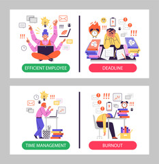 Comparison between efficient and stressed employees, posters set, flat vector illustration.