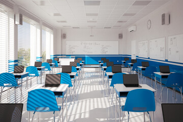Spacious and Illuminated High-Tech Classroom with Open Laptops on Desks