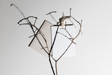 Flatlay gift certificate with envelope next to shadows