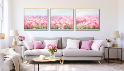 Elegant Home Interior with Cozy Pink Sofa and BLOSSOM FlowerS Plants abstract on wall