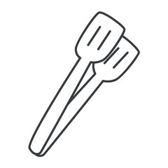 BBQ element of black line set. In this black-outlined BBQ-themed illustration, a pair of sturdy kitchen tongs stands ready to flip and serve sizzling meat with precision.