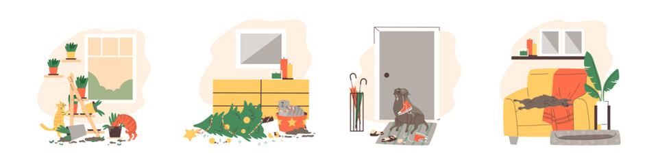 Set of scenes with pet making mess flat style, vector illustration - obrazy, fototapety, plakaty