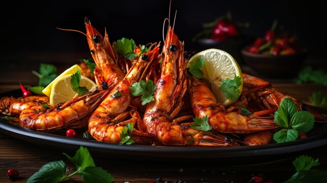 A platter of freshly grilled king prawns with lemon. Serving fancy seafood in a restaurant.