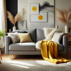 sofa with blanket and pillows Scandinavian home interior design of modern living room.Generative ai