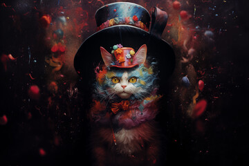 chat clown multicolore, avec un chapeau haute forme sur la tête, une cravate et des bijoux sous un fond avec des explosions de couleurs, et un énorme chapeau en forme de tasse de thé, Mad Hatter