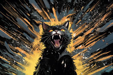  chat hurlant dans un combat à la façon des BD, bandes dessinées, Manga ou comics, avec toute l'énergie déployée par sa colère autour de lui. Espace négatif texte copyspace