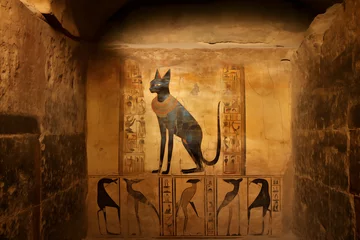 Fotobehang intérieur d'un caveau dans une pyramide. tombe pharaonique avec le dessin d'un chat noir portant un collier en or et autres motifs égyptiens. © Noble Nature