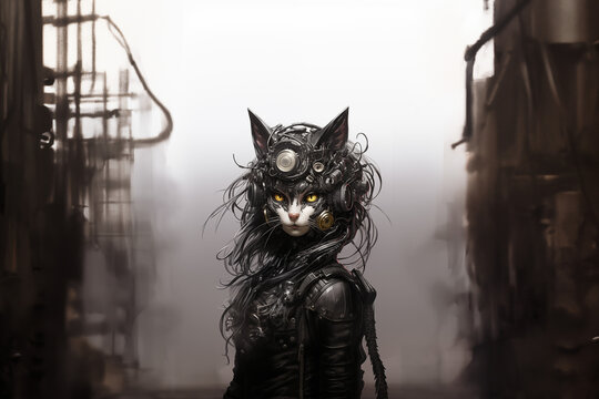 dessin monochrome d'un chat blanc cybergothique dans un univers cyberpunk. Chat féminin et sexy en tenue steampunk 