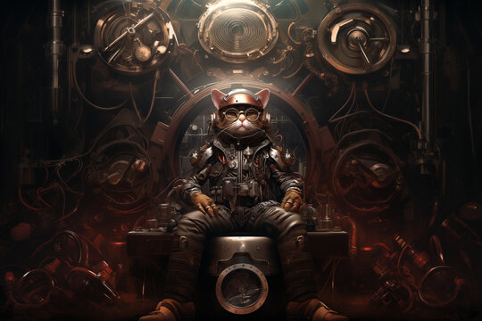 anthropomorphisme chat dans le style biopunk habill&eacute; comme un humain guerrier punk ou steampunk sur un fauteuil sculpt&eacute; en m&eacute;tal