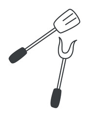 BBQ element of black line set. Within the BBQ scene outlined in bold black, essential kitchen tongs take the spotlight, that can expertly handling succulent cuts of meat. Vector illustration.