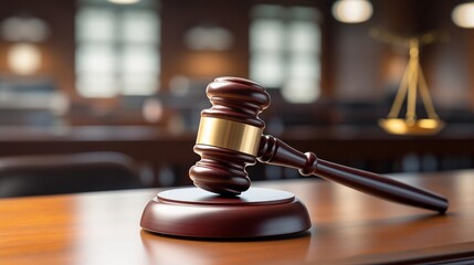 A Wooden Judge's Gavel Resting on a Courtroom Table