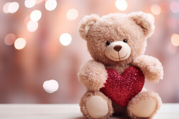 Fototapeta premium cute brown fluffy bear toy holding a red glitter heart with pastel pink bokeh background with copy space