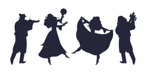 Silhouettes of gypsy people set performing folk dances, vector isolated.