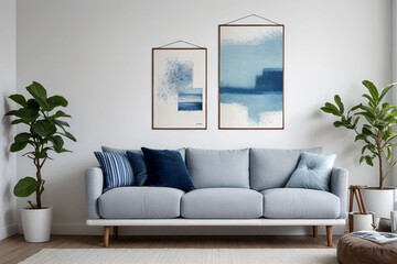 Scandinavian home interior design of modern living room with Rustic sofa, pillows. Generative ai